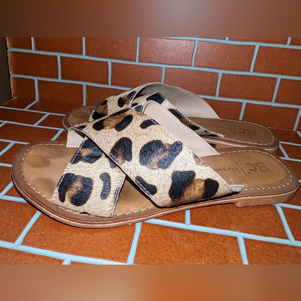 BC Footwear Leopard Print Cross strap sandals (used)